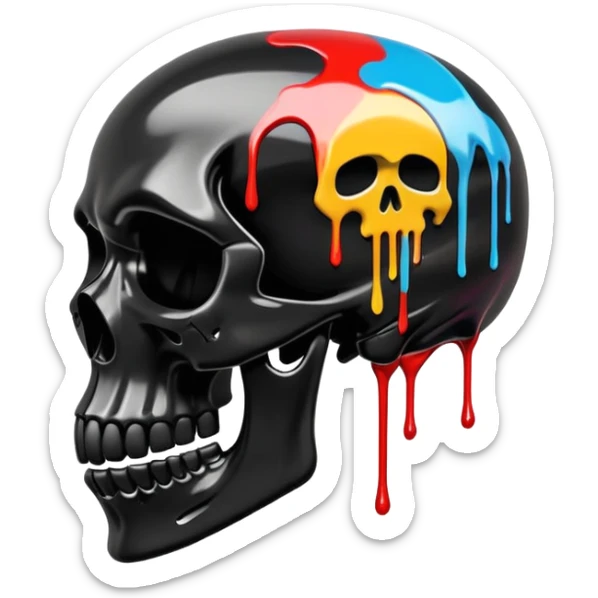 glossy black skull with street style colorful graffiti drips and iconic sports brand logos, side profile sticker