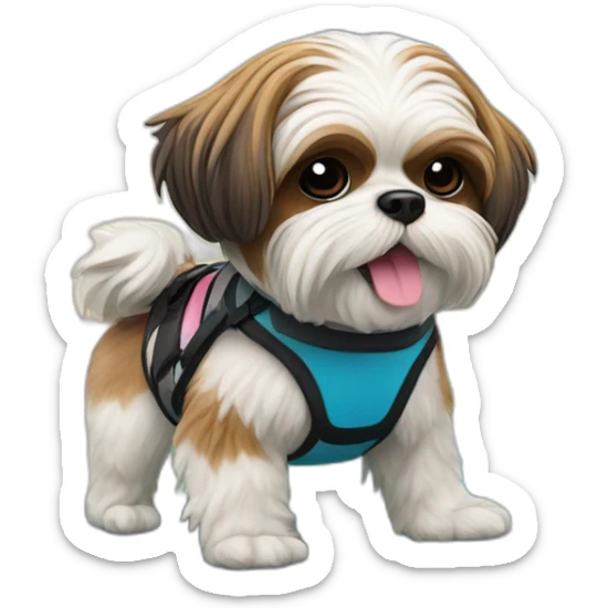 A Shih Tzu character in NFT style riding a wakeboard with a resort in the background. sticker