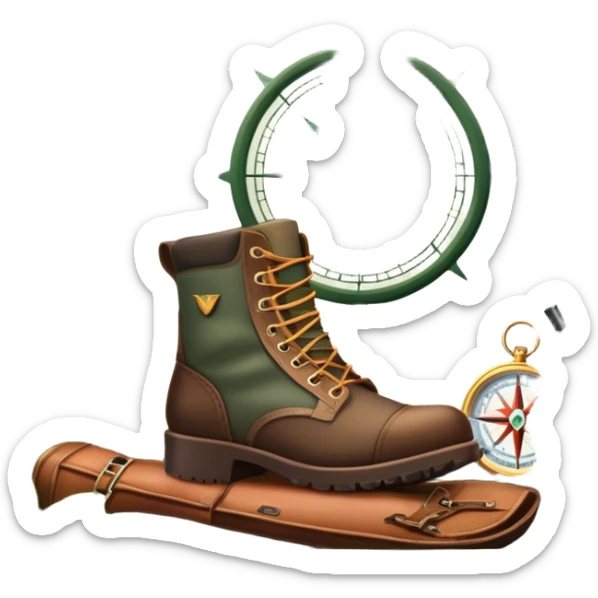 Icon for Hunting Tourism: a rifle, hunting boots, and a compass on a forest background, with a silhouette of wildlife in the distance. The icon should capture the adventure and connection with nature in hunting tourism. Transparent background. sticker
