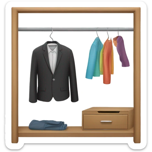 Design an emoji-style icon of an open wardrobe with clothes hanging inside. Include details like a wooden frame, hangers, and only black or white different clothing items such as shirts or any other clothing . Use a clean and minimalistic design. sticker