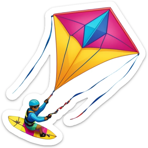 A vibrant kite soaring high in the sky, attached to a kiteboarder riding the waves below. The scene is filled with bright colors, capturing the energy of the sport. The background features the ocean, wind-blown waves, and a clear sky, showcasing the excitement and freedom of kiting. sticker