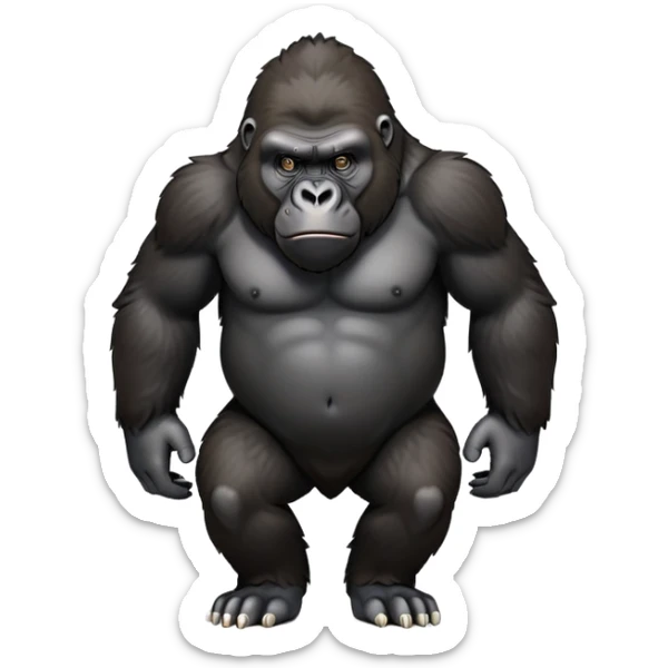 cinematic-gorilla-realistic-full-body-on-all-fours-emoji,-exuding-strength,-thick-dark-fur-in-the-light,-head-tilted-dramatically,-deep-dark-eyes-filled-with-intense-intelligence,-simplified-yet-realistic-focused-features,-highly-detailed, zoomed out friendly  sticker