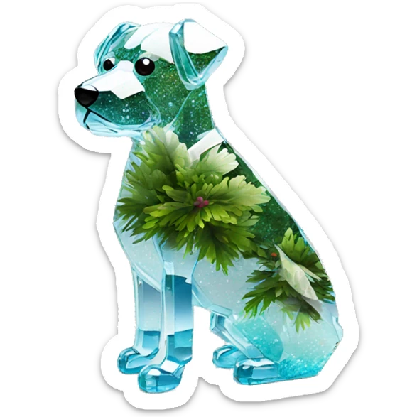 A dog made entirely of glass mirror crystals prisms glass transparent filled with plants as a terrarium sticker