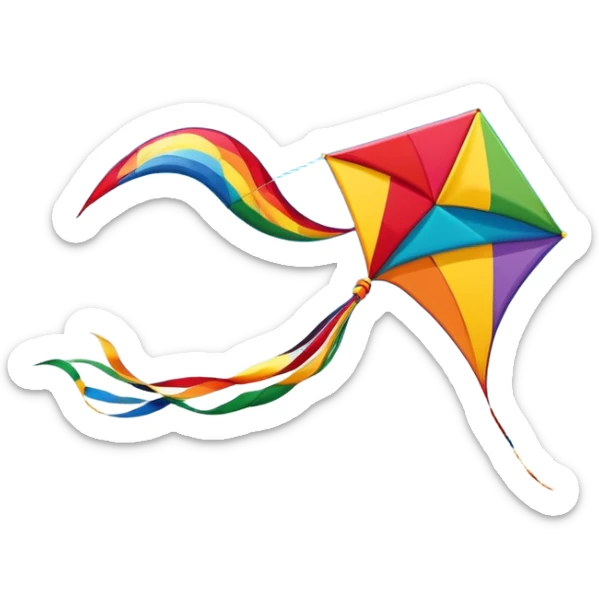 A colorful kite soaring high in the sky on a sunny day, with a long, flowing tail trailing behind. The background features an open field or beach, capturing the joy and freedom of flying kites, with gentle winds and a peaceful atmosphere. sticker