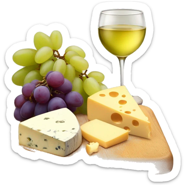 Wooden board with different kind of cheese, grapes and a glass of white wine sticker