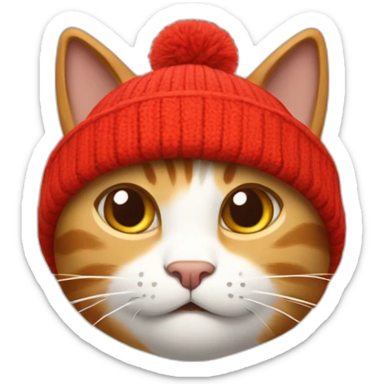 The cat in the beanie hat is red, the hat is on one side of the cat's head, the second ear is open and it is light brown, and the cat itself is white sticker