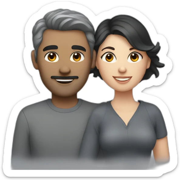 a couple of men and women with dark hair with a gray british cat sticker