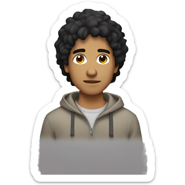 Guy with shaggy black hair, tan skin, gray hoodie sticker