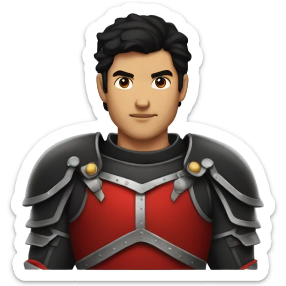 Tanned man with black hair and stern face wearing red and black armour vintage sticker