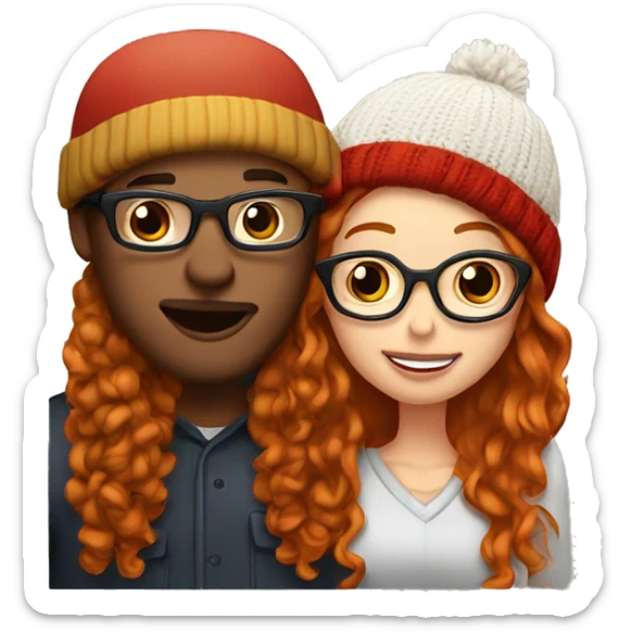 Red haired white couple kissing. Woman long hair with beanie. Man curly hair with glasses. sticker