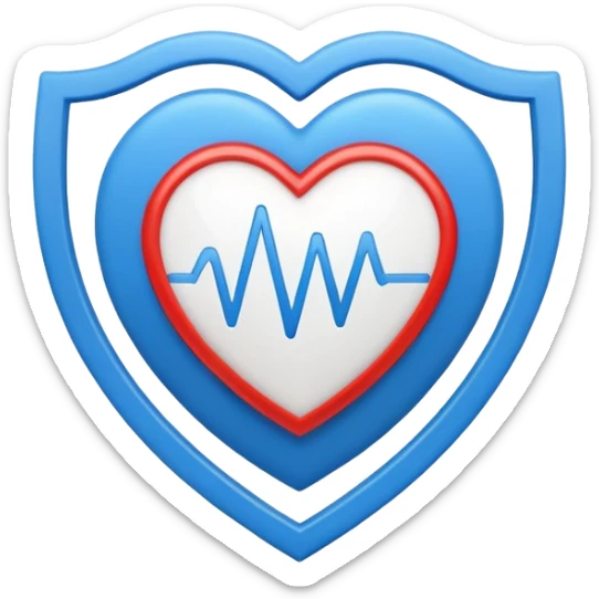 Health monitoring icon, heart inside shield, signal waves, emoji style, modern clinic branding sticker