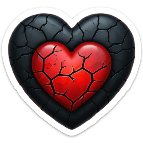 iOS style emoji, dark fantasy heart, black cracked heart, red inner glow, glossy sticker