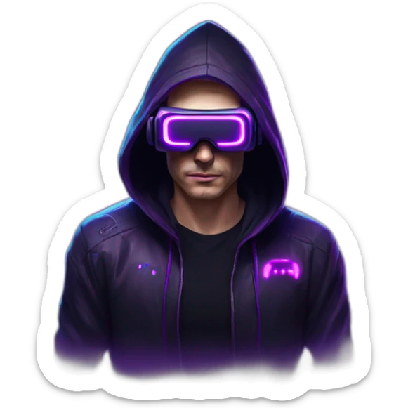 Russian man in the black hoody with violet OMG VR logo on it wearing vr headset. Cyberpunk style. Violet neon. sticker