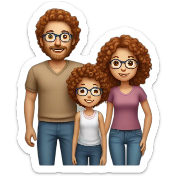 family of four father with gray hair mother with red curly hair and blue glasses son with brown hair and little daughter with curly brown hair sticker