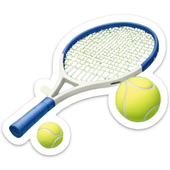 A tennis racket resting on the green grass of a tennis court, with a tennis ball placed nearby and the net stretching across the court. The background captures the fresh, open atmosphere of a traditional grass court, emphasizing the elegance and precision of the sport. sticker