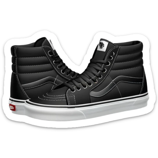 Ultra simplified pair of black Vans Sk8-Hi shoes in iOS emoji style, one positioned behind the other, flat colors, minimal design, essential details only sticker