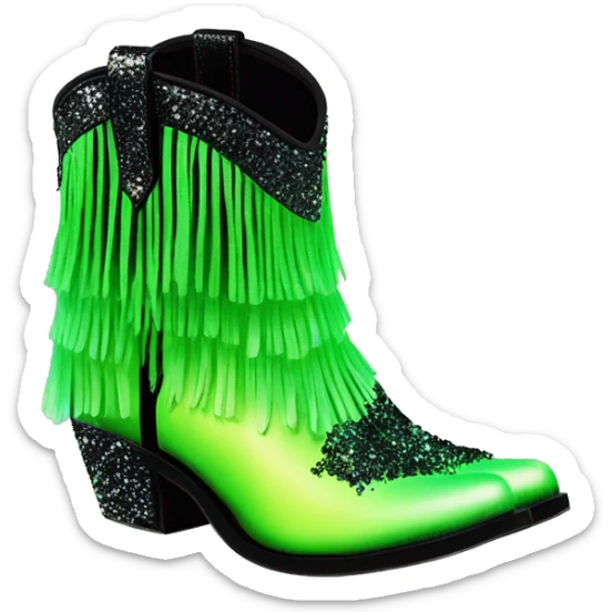 Realistic neon green to black ombre pair of fashion cowgirl boots with sparkly shiny glitter fringe on them. sticker