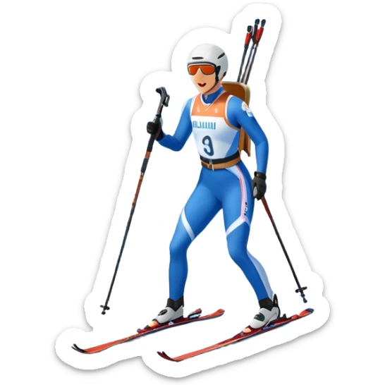 An icon showing a biathlete skiing on a snow-covered Olympic track with a rifle on their back. Cheering fans fill the stands. Majestic mountains, snowy trees, and a bright blue sky complete the scenic winter landscape. Transparent background captures the spirit of biathlon. sticker