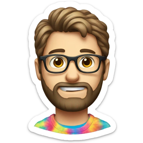 nerdy caucasian male with short brown hair and tight beard and wire rim glasses in tie dye shirt waving shyly sticker