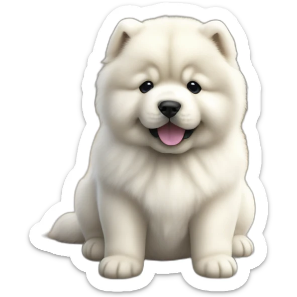 Chow chow white pup,asking for food,young cute,furry shiny dog cute, realistic, young,sitting on floor, beautiful picture, 4k, 16k sticker