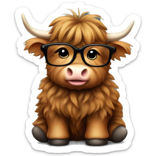 Cute Fluffy brown Highland cow baby sitting with a black glasses in a sweather sticker