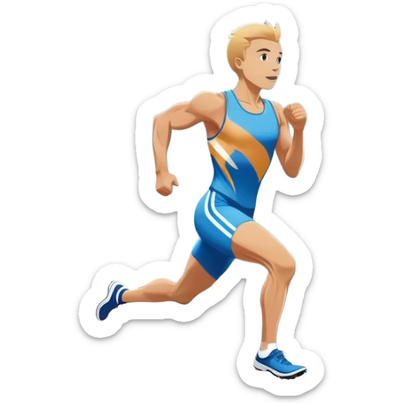 An icon showing a large stadium filled with cheering fans and bright lights In the background. The sky is clear and blue. a running track with lanes marked in white. A sprinter in mid-stride pushes forward, muscles tense.Transparent background emphasizes the speed and energy of running. sticker