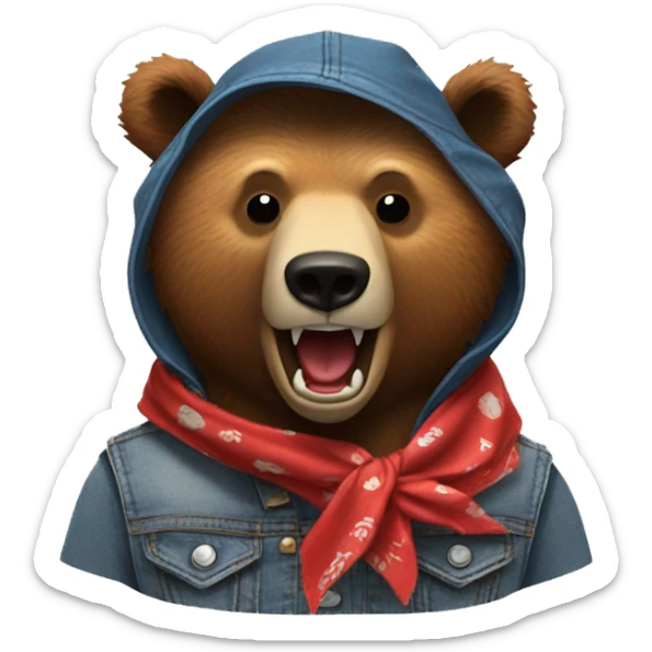 grizzly bear wearing sleeveless jean jacket and red bandana around head with open mouth sticker