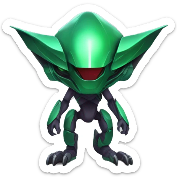 a black-green Genesect-Raptor-Fakémon—hybrid with a futuristic visor-helmet full body sticker