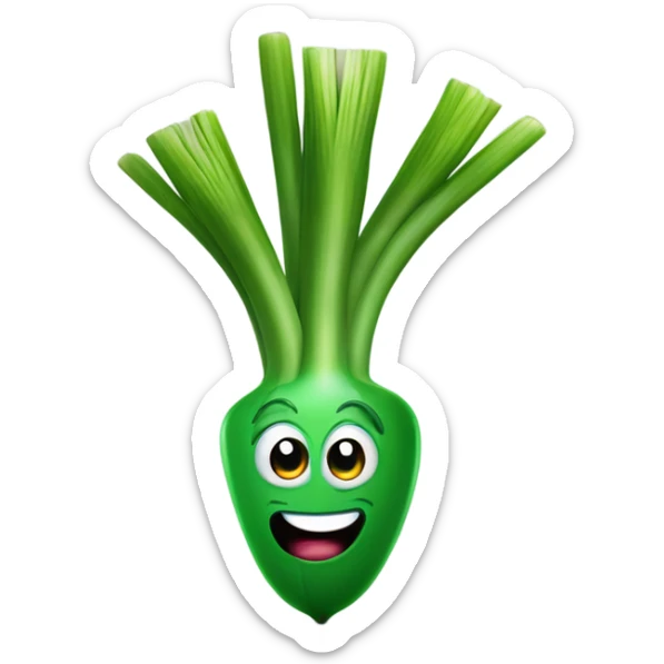 3D Cheerful green onion with big expressive eyes, a wide smile, and a few green stalks on top. Designed in a cute, cartoonish style with vibrant colors. sticker
