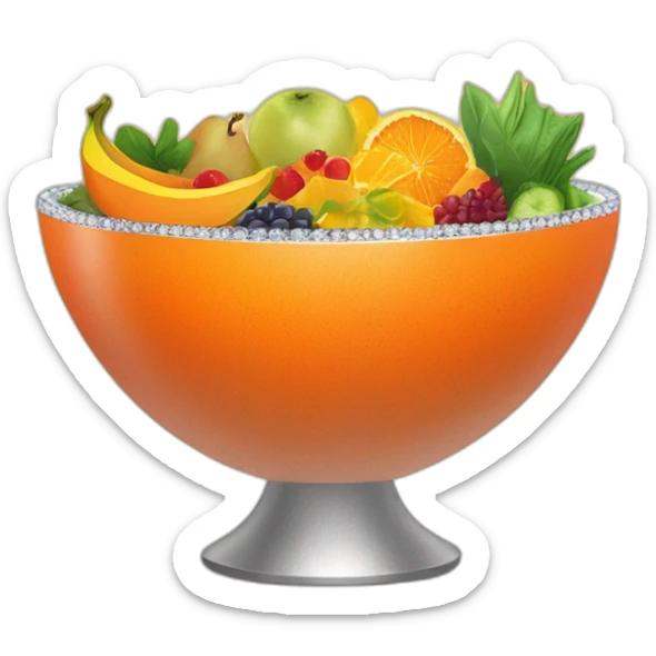 Create an image of a vibrant orange salad bowl filled with exotic fruits and vegetables, topped with a sparkling diamond. Include a hand elegantly holding the bowl from the side. sticker