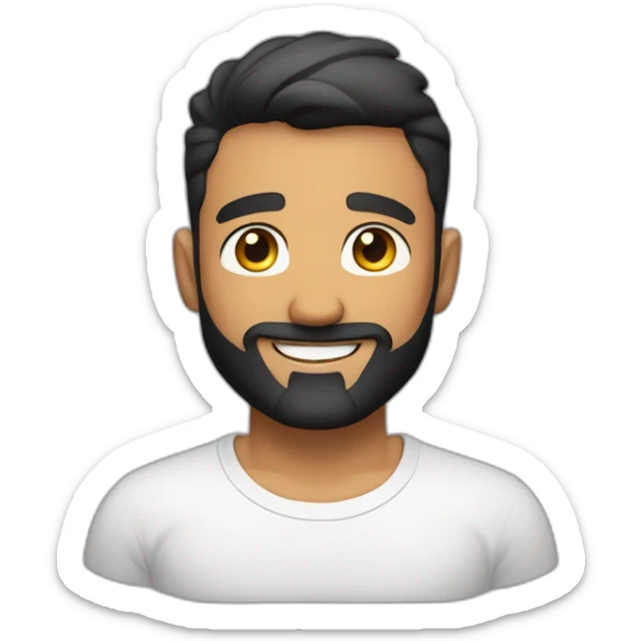 tanned skin male, short black hair with a skin fade haircut, good beard, white teeth, black t shirt approximately 32 years old, good beard, chest up, confident sticker
