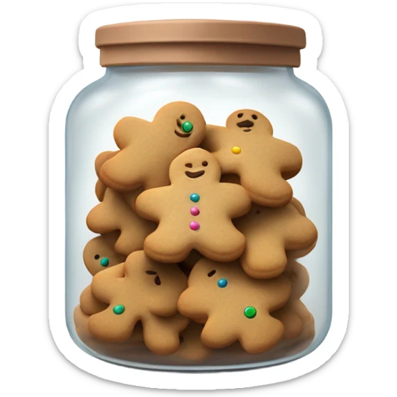 Realistic glass cookie jar with light brown lid full of gingerbread cookies isolated.  sticker
