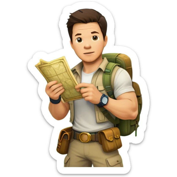 Icon for Adventure Movie: Mark Wahlberg in a jungle setting, holding a treasure map and surrounded by adventure gear. Behind him, ancient ruins rise through the dense foliage. Exciting, action-packed atmosphere with vivid jungle details. Transparent background. sticker