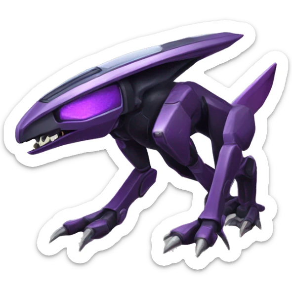 a shiny black-purple-yellow Genesect-Raptor-Fakémon—hybrid with a futuristic visor-helmet full bod sticker