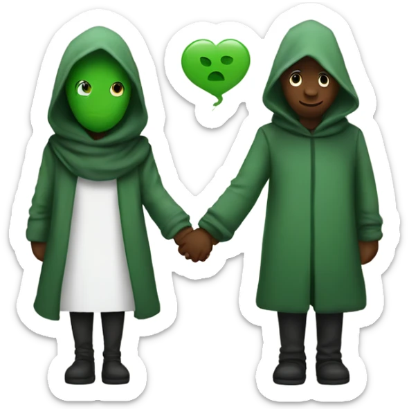 Hooded alian with green skin holding hands with a other person. 2 people in the picure sticker