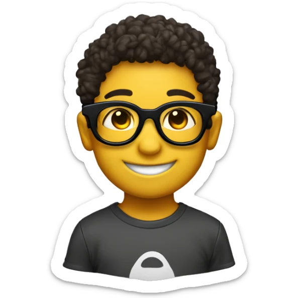 Un niño sonriente con unos lentes negros de sol con una remera con cuellito de color mostaza sticker