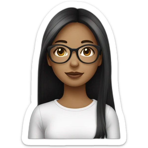 une fille avec de long cheveux noir lisse, la peau blanche ,et avec des lunette (en forme de carrer un peu déformé) assez grosse comparer a ça tête , portant un pull noir sticker