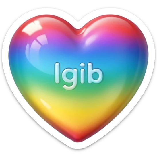 A photograph of a high-quality 3D heart-shaped emoji with a polished, glossy finish.The texture is smooth and candy-like, with a glass-like sheen that gives it a modern, high-end aesthetic. Add text as "LGB" in centre of heart sticker
