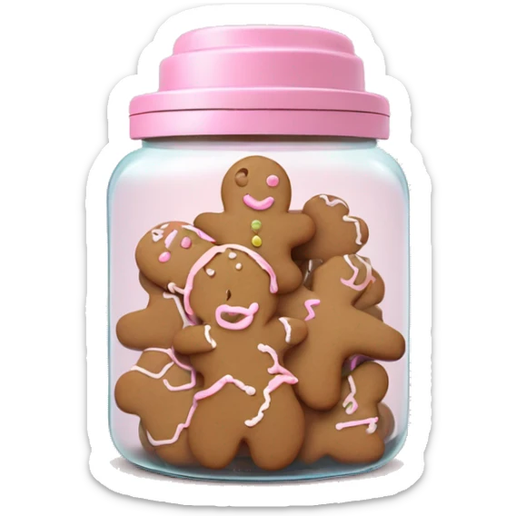 Realistic glass cookie jar with light pink lid full of gingerbread cookies isolated.  sticker