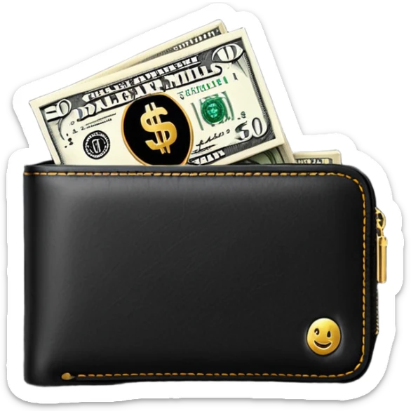 Rich emoji style black leather wallet with dollar bills, luxury money vibe, premium 3D emoji, ultra clean, high detail, no background sticker