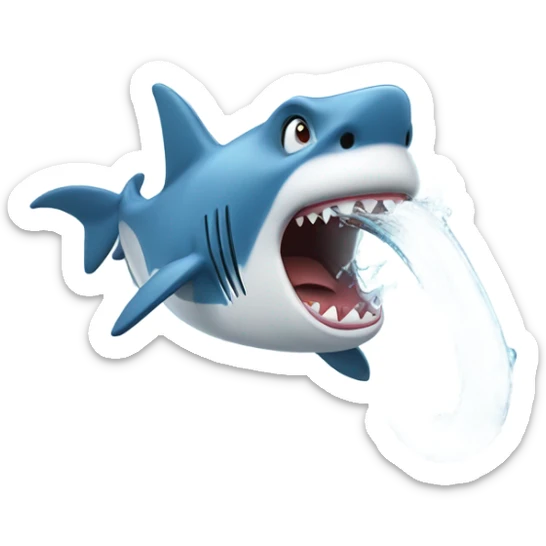 a goofy shark spraying water out of its mouth like a hose sticker