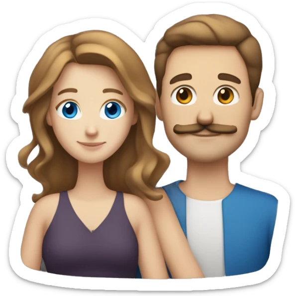 white woman whit blue eyes brown hair hugging a white man with brown hair and a moustache  sticker