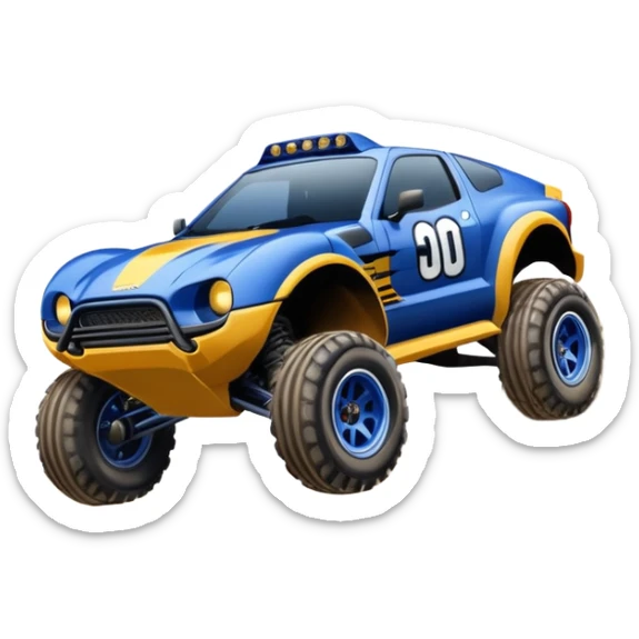 Dirty Midnight-blue Local Motors Rally Fighter off road race car jumping over a dirt ramp  sticker