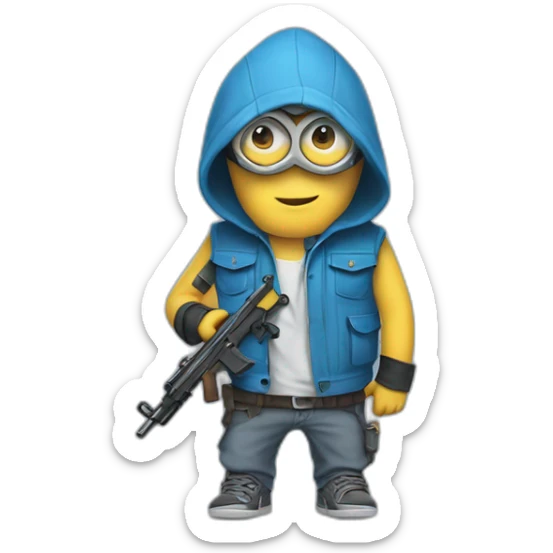 baby minion  in gray pants in a blue sleeveless shirt in a hood and with a collar with two pistols in his hands holds them on both sides raised sticker