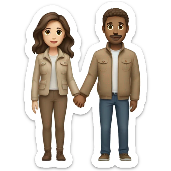 Couple with brown hair and beige jackets and brown pants holding hands sticker