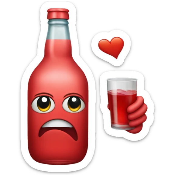 A red ❤️ emoji with eyes, a mouth, and hands, looking drunk, holding a bottle of drink, with a wobbly and tipsy expression sticker