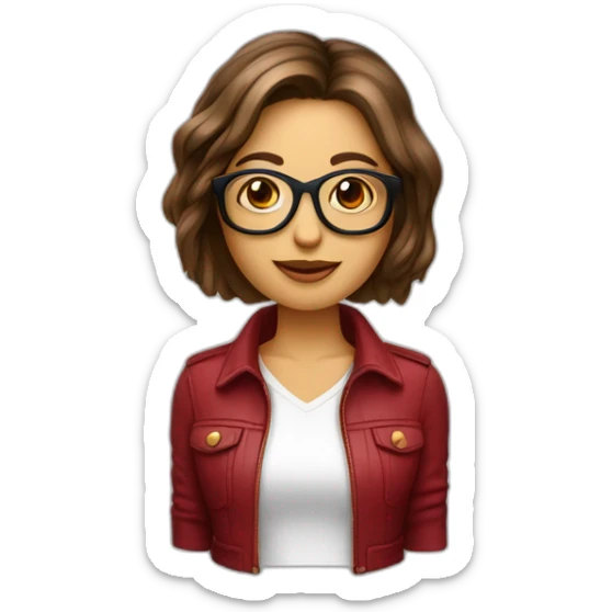 mujer pelo bob castaña con mechas rubias y ojos marrones con gafas color rojo sticker
