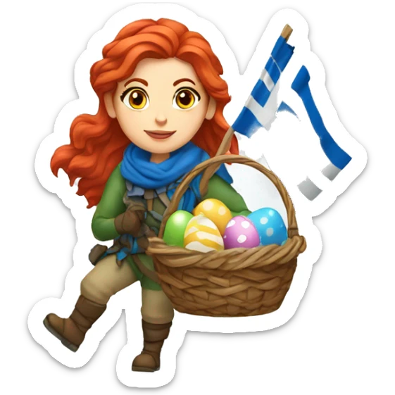 Greek Female winter mountaineer red hair white skin climbing with Greek Flag and Easter eggs basket sticker