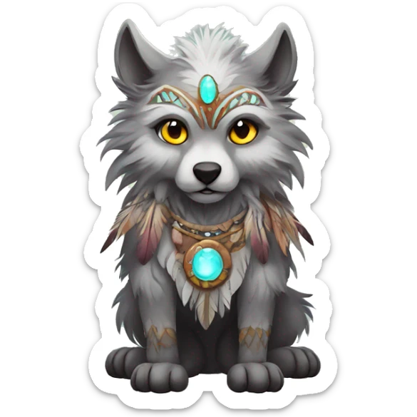 Fluffy Shy Spiritual Shamanic WereWolf With Shiny Tribal Markings wearing feathers Full Body sticker