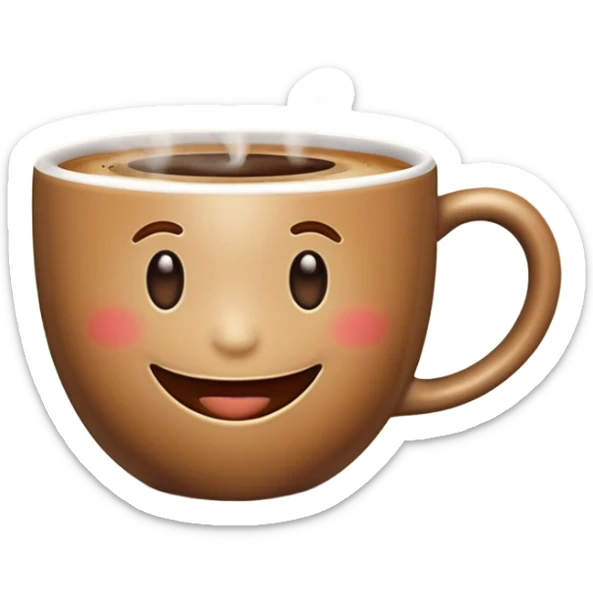 Create an emoji-style image of a warm morning cup of coffee with steam rising and a cheerful smiling face on the cup. The background should feel cozy and bright, like morning sunshine. sticker